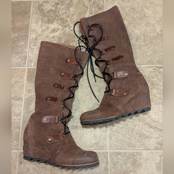 Sorel Brown Lace-Up Wedge Boots Size 8 - Picture 1 of 6